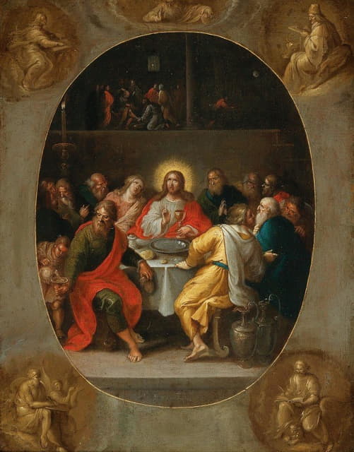 《最后的晚餐》（画成椭圆形）、教父和四位福音传道者（在角落里画成灰色）