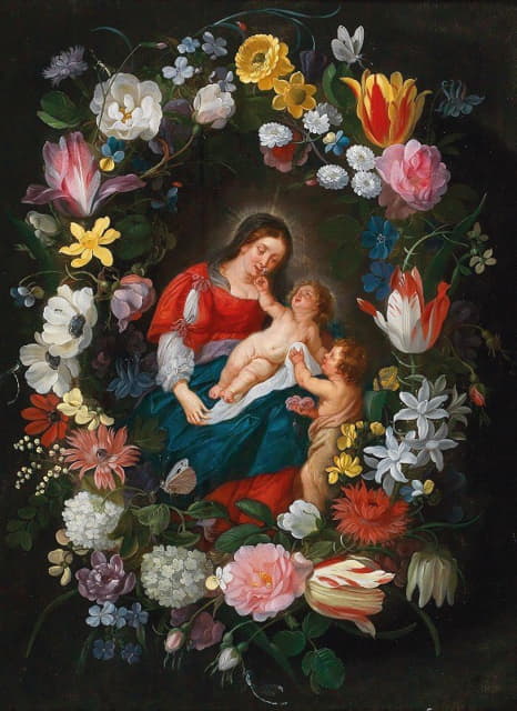 Jan Brueghel the Younger - The Virgin and Child with the Infant Saint John the Baptist surrounded by a garland of flowers