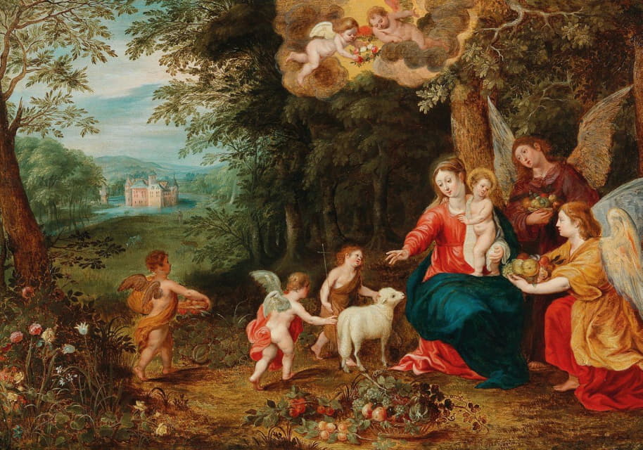 一个神圣的家庭与幼年的圣约翰和天使们在一片树林中，背景是一座护城河城堡