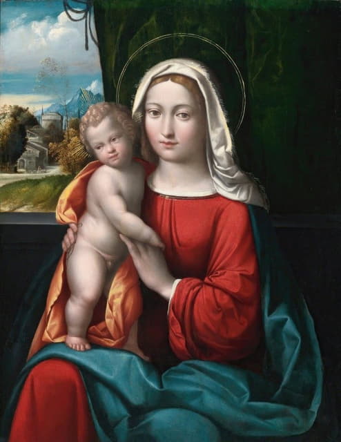 Benvenuto Tisi - Madonna And Child Before A Curtain, A Mountainous Landscape Beyond