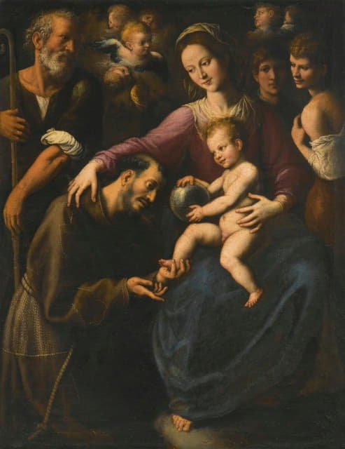 神圣的家庭，阿西西的圣方济各崇拜基督的孩子，上面有两个年轻人和天使