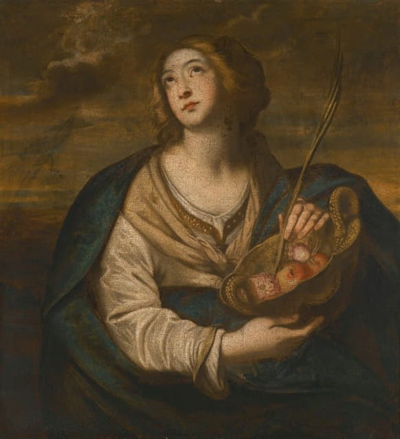 圣多萝西带着一篮水果、鲜花和一只棕榈树