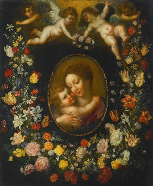 一种花环，环绕着一个椭圆形的圣母和天使在高处出生的孩子
