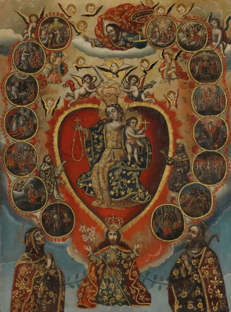 Cuzco School - The Sacred Heart surrounded by scenes from the life of Christ