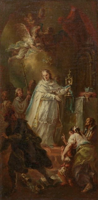 Johann Georg Baumgartner - Sakramentswunder; Ein Priester vertreibt einen Ketzer mit dem emporgehobenen Allerheiligsten vom Altar