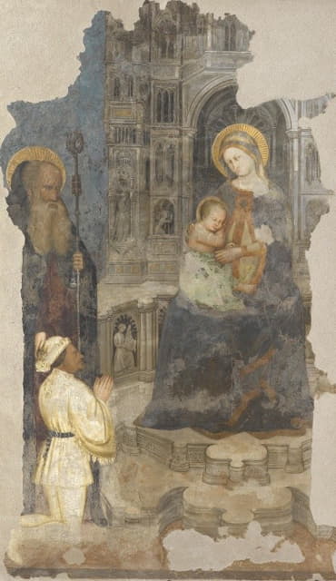 Anonymous - Fresko vom Singertor von St. Stephan; Thronende Maria mit Kind, hl. Abt und Stifterfigur