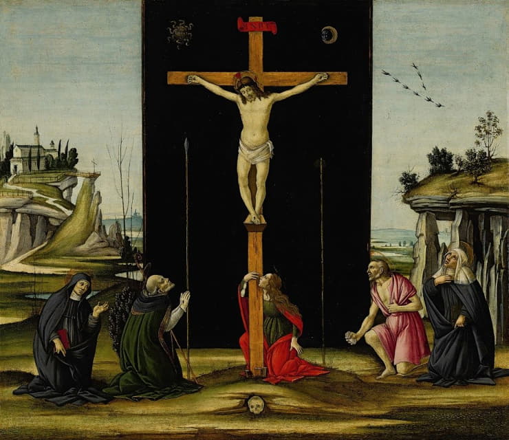 瑞典圣徒莫尼卡、奥古斯丁、抹大拉的玛丽、杰罗姆和布里奇特崇拜的十字架上的基督