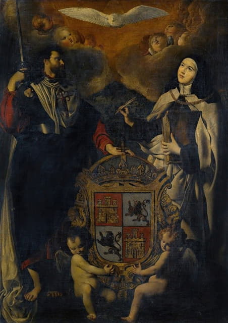 圣詹姆斯大帝与阿维拉的圣特蕾莎、卡斯蒂利亚和莱昂的盾徽在他们之间