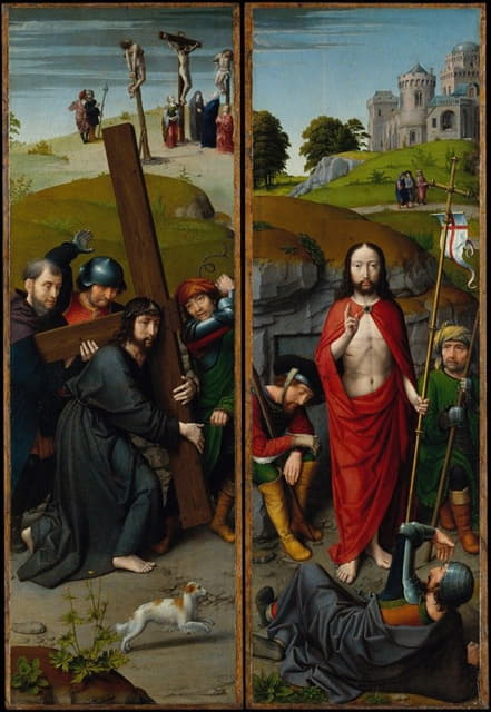 Gerard David - Christ Carrying the Cross, with the Crucifixion; The Resurrection, with the Pilgrims of Emmaus