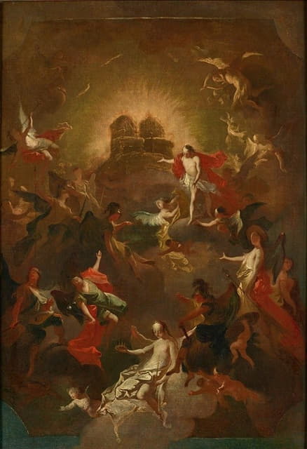 基督和九个天使唱诗班在他和她的宝座前等待着玛丽