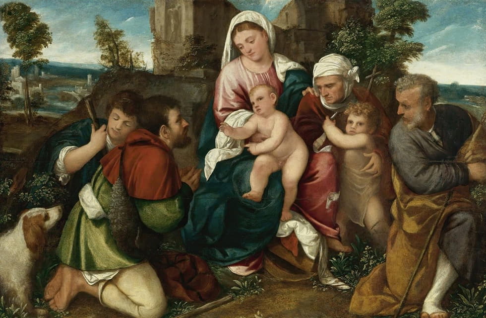 Bonifacio Veronese - Holy Family With Saint Elizabeth, The Infant St. John, And Two Shepherds