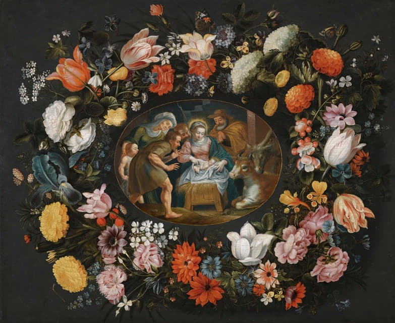 Andries Snellinck - Adoration Of The Shepherds Surrounded By A Garland Of Flowers