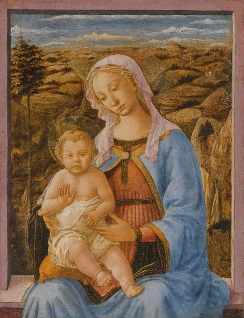 Francesco di Stefano - The Madonna And Child Seated On A Window Ledge, A Landscape Beyond