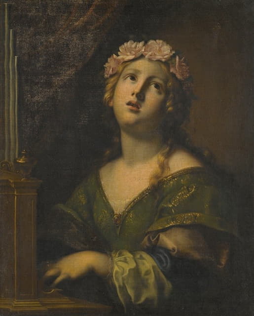 Onorio Marinari - St. Cecilia Wearing A Crown Of Flowers, Playing An Organ
