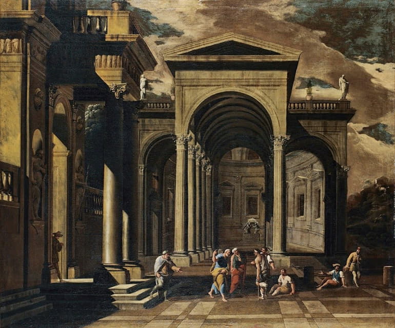 Viviano Codazzi - A Capriccio Of The Exterior Of An Elaborate Palace With Saint Peter Healing The Lame