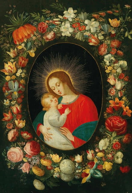 圣母玛利亚和孩子穿着一件镶有花环的卡通车