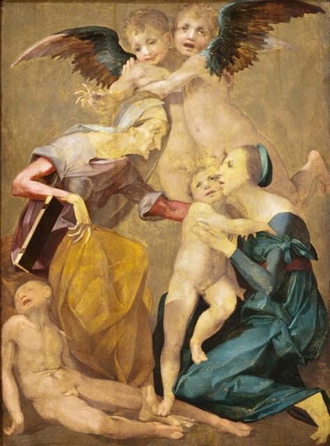 圣母玛利亚和基督之子、圣伊丽莎白、年轻的施洗约翰和两位天使的救赎寓言