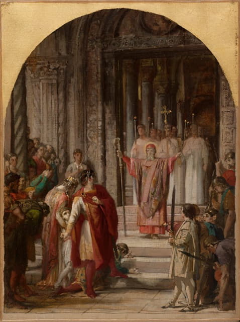圣安布罗斯禁止狄奥多西皇帝进入圣殿，因为他谋杀了安提阿的居民。