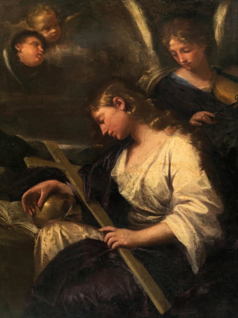 忏悔的玛丽·抹大拉在天使的陪伴下拉着小提琴