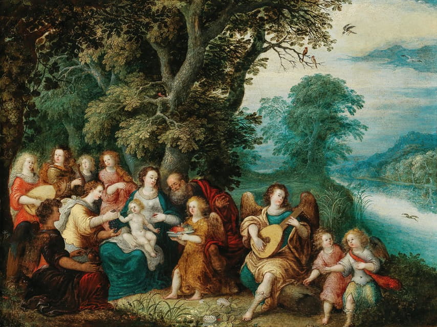 Louis de Caullery - The Holy Family with music-making angels in a landscape