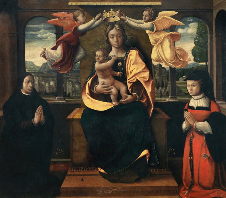 圣母与圣子，由两位天使加冕，两侧有两位捐赠者