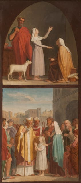 圣吉纳维治愈了失明的母亲。圣日耳曼·德欧塞尔和圣卢普向圣吉纳维耶夫的父母预言了他们女儿的命运