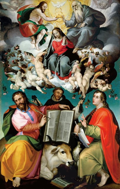 圣人卢克、多米尼克和福音传道者约翰共同为圣母加冕