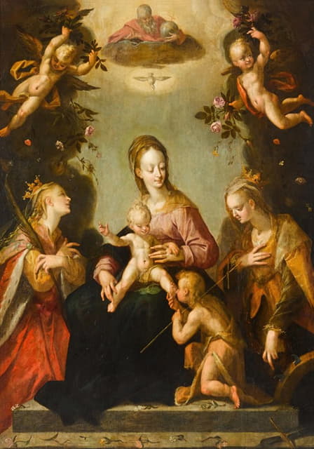 圣母玛利亚和孩子与婴儿圣约翰浸信会，圣凯瑟琳亚历山大，另一位女殉道圣徒，上帝的父亲