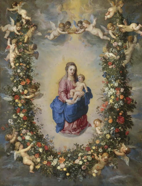 被小天使高举的花环包围的圣母和孩子