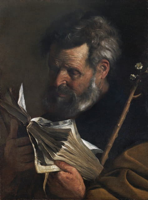 圣约瑟夫正在看书，手里拿着一根开花的棍子