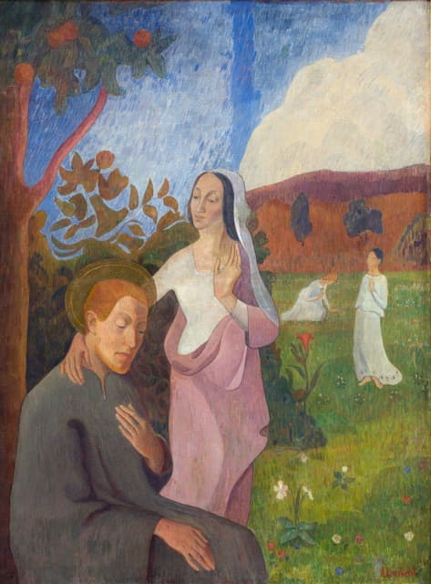 装饰画。圣弗朗西斯与三个白人处女的幻象