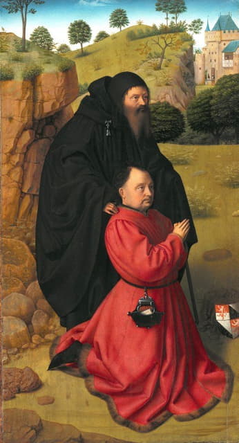 圣安东尼保护下的供体猩红色肖像的祭坛面板