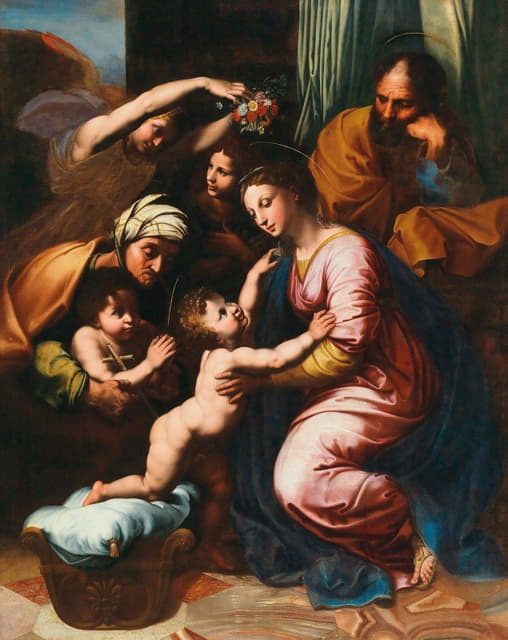 Follower of Raphael - The Holy Family with Saint Elizabeth, the Infant Saint John the Baptist and two Angels