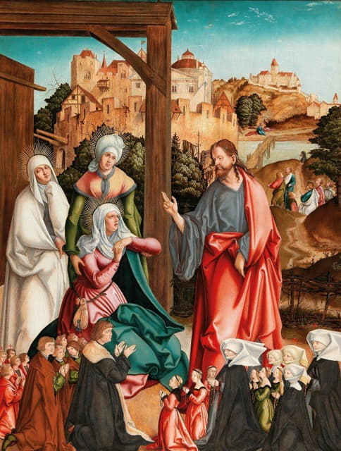 基督向他的母亲告别，一个捐赠者家庭跪在前景中