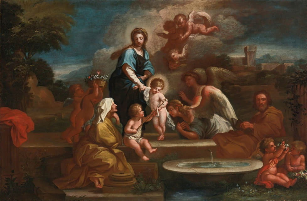 Luigi Garzi - Holy family with angels in a landscape