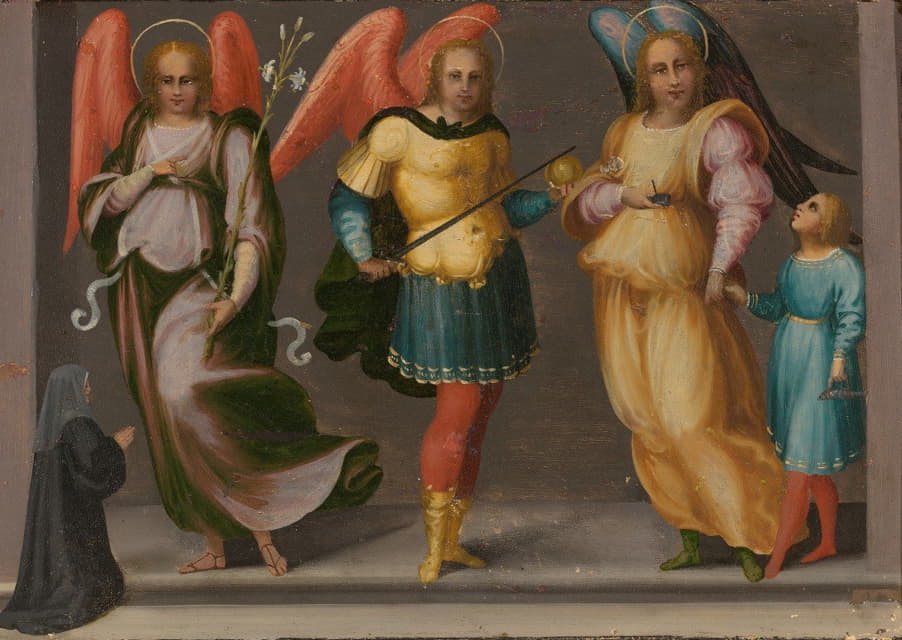 Master of Serumido - Archangels Gabriel, Michael, and Raphael with Tobias and a Female Donor