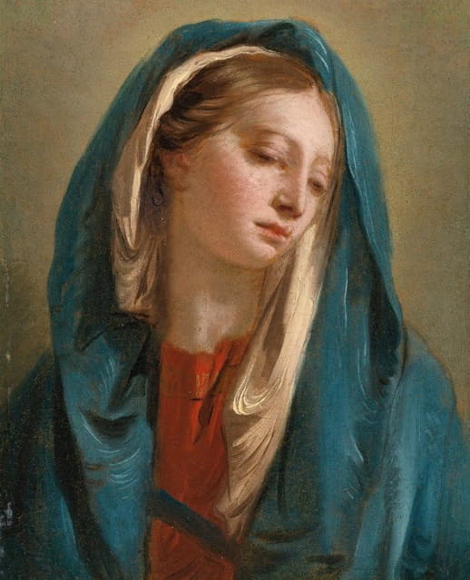 圣母玛利亚面朝前方，身穿蓝色斗篷