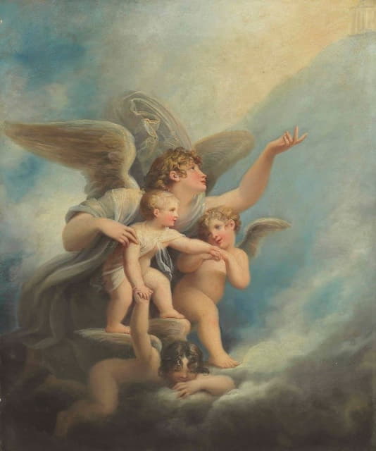 一位天使和普蒂陪伴着一个孩子的灵魂进入天堂