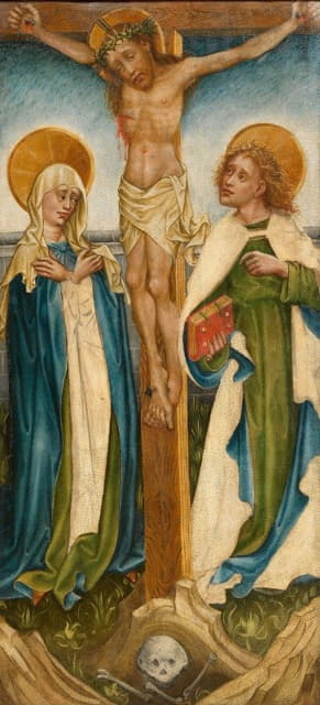 Meister des Friedrichsaltars - Christus am Kreuz zwischen den Assistenzfiguren Maria und Johannes