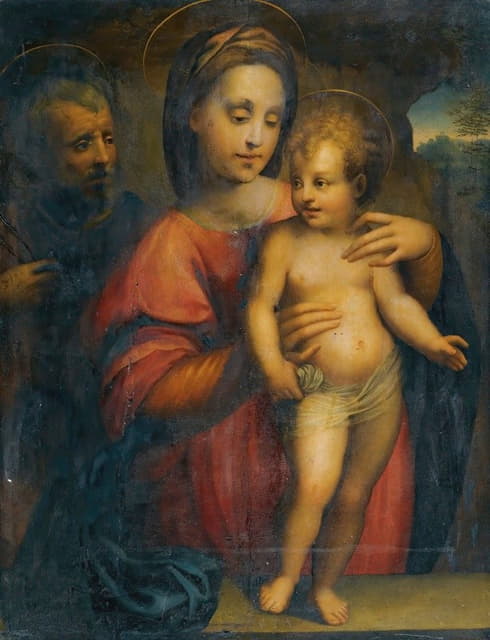 圣洁的家庭，圣母玛利亚支撑着站在石头壁架上的基督孩子