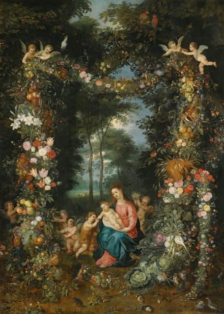Jan Brueghel the Younger - The Virgin And Child With The Infant St. John The Baptist, Surrounded By Garlands And Swags Of Fruit And Flowers