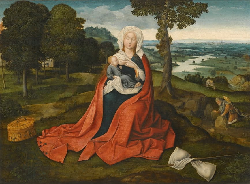 圣母子坐在广阔的风景前