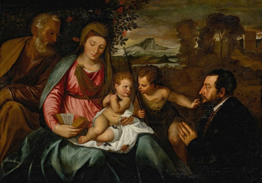 Circle of Titian - The Holy Family with Saint John the Baptist and a donor