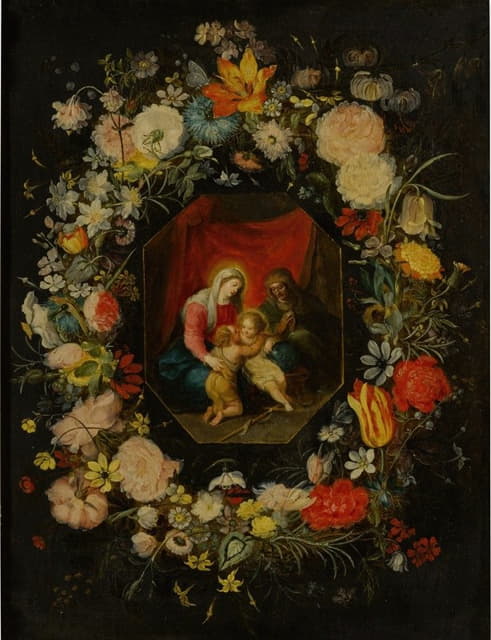 Jan Brueghel the Younger - Madonna and Child with St. Anne and St. John the Baptist, surrounded by a flower garland