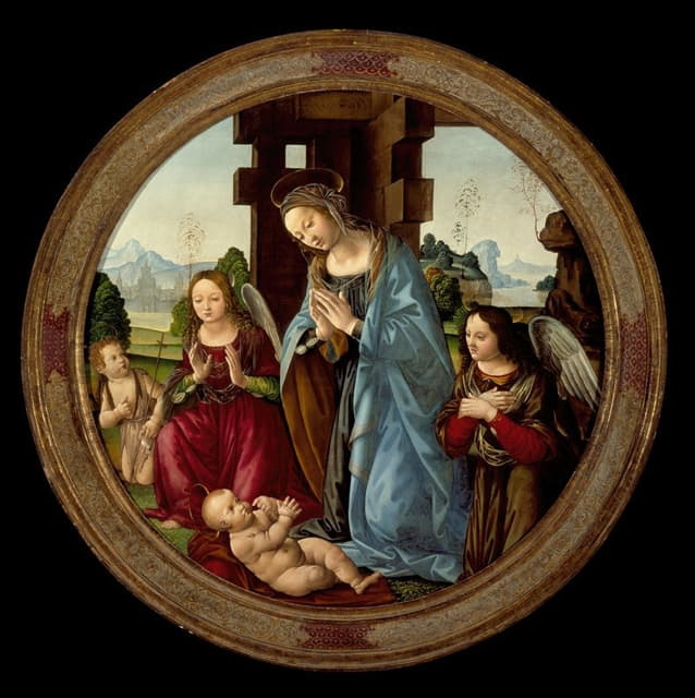 圣母玛利亚与施洗者圣约翰和两位天使一起崇拜基督的孩子