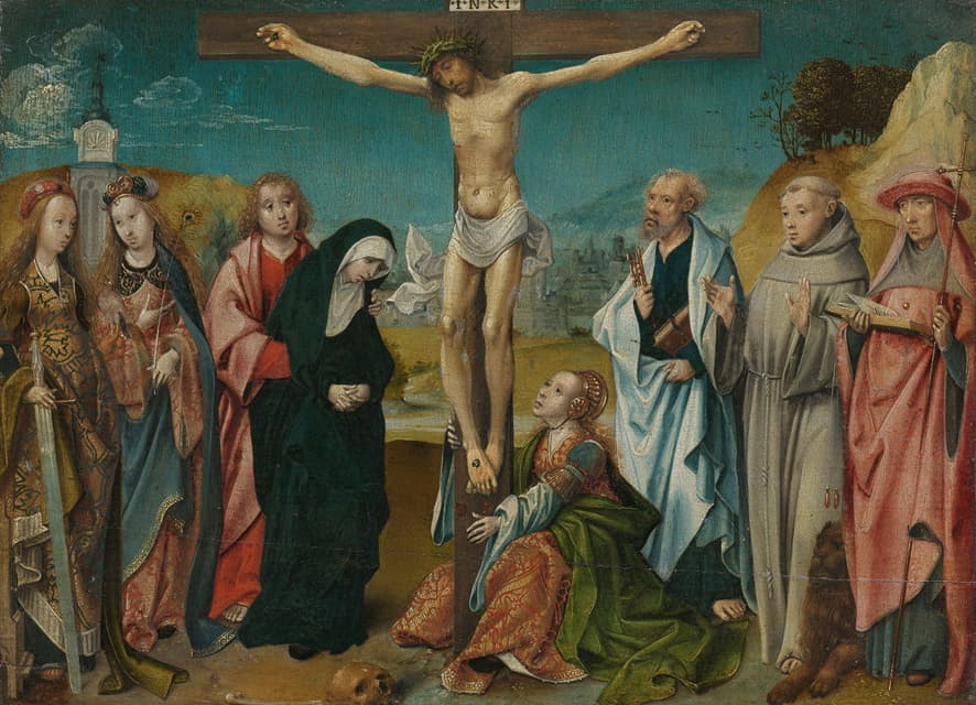 Cornelis Engebrechtsz - Christ on the Cross, with Mary, John, Mary Magdalene and Sts Cecilia and Barbara (left) and Peter, Francis and Jerome (right)