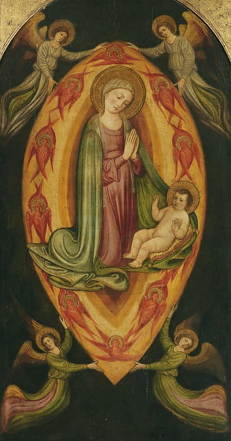 圣母玛利亚和孩子在曼陀罗与天使和基路伯