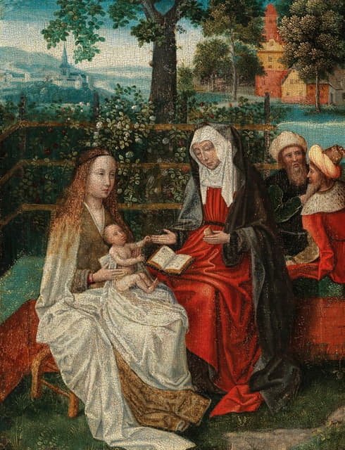 圣母与圣安妮在一个封闭的花园里，约阿希姆和约瑟夫在远处