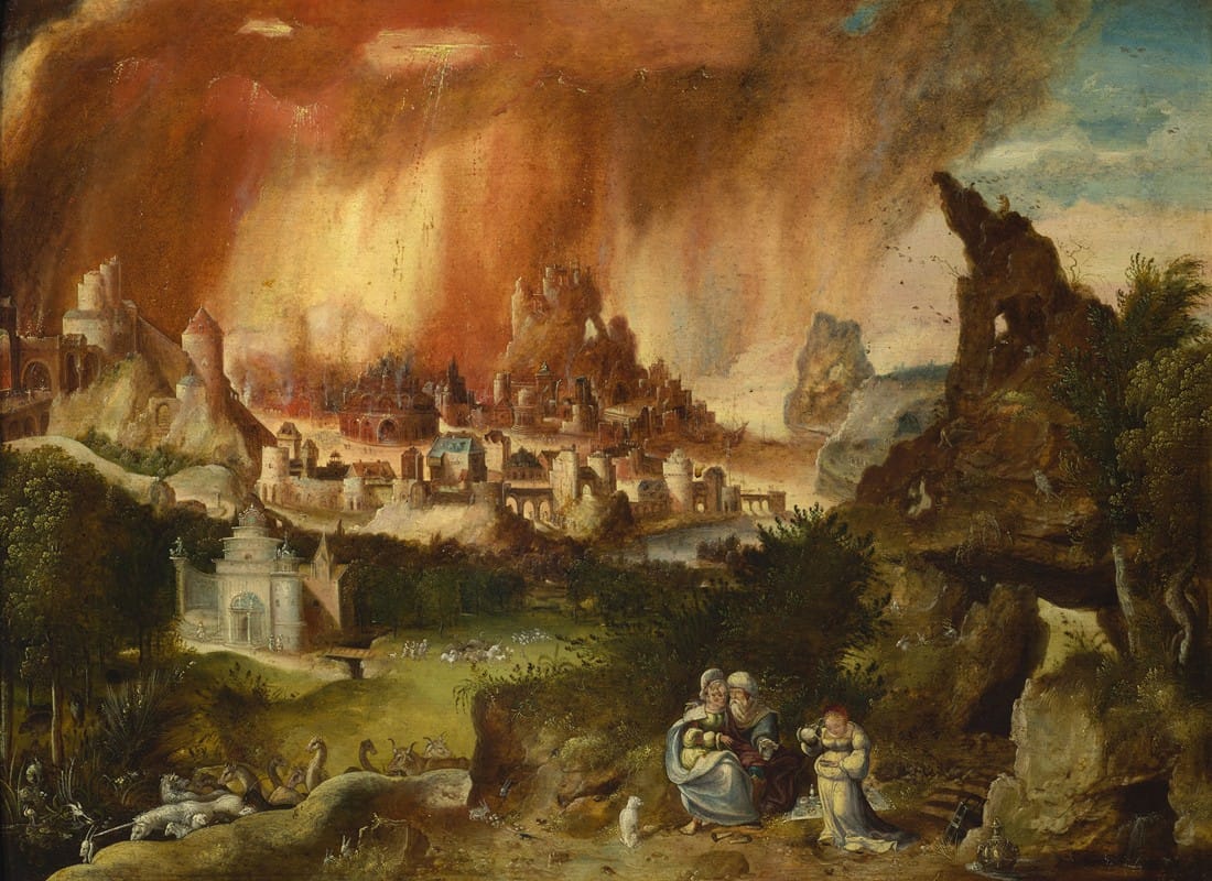 Herri met de Bles - Fire of Sodom, Lot with his daughters (Genesis 19-30-35)