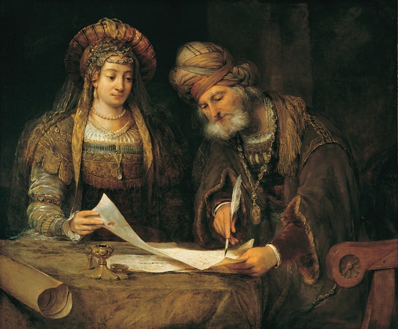 Arent de Gelder - Ester y Mardoqueo escribiendo la primera carta del Purim (Ester, 9;20-21)